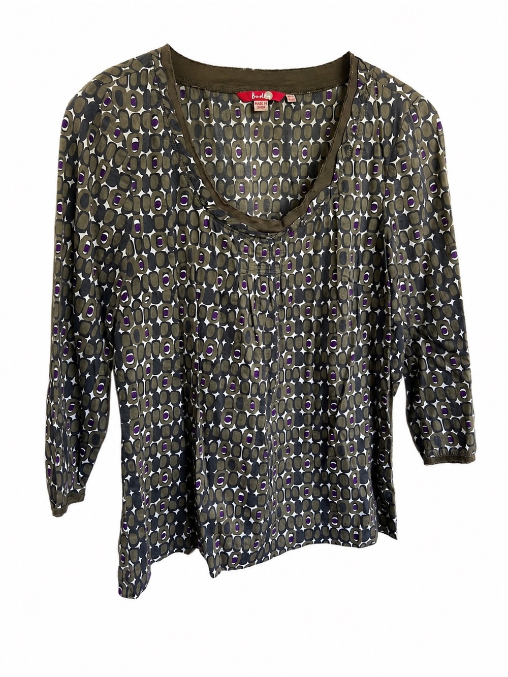 Boden Abstract Geometric Print Blouse Olive Purple Raw Edge Trim US 8